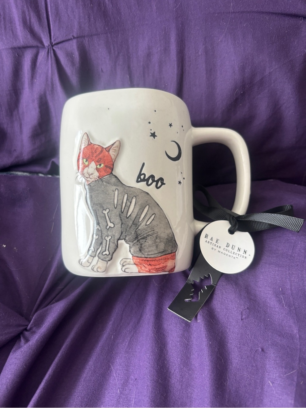 Rae Dunn White Mug with Orange Skeleton Cat - Boo